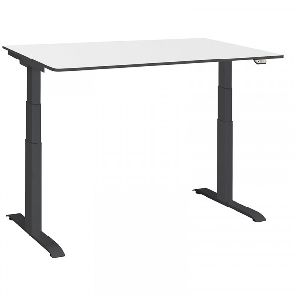 höhenverstellbarar Schreibtisch Tischgestell ergon master Tischplatte weiß mit schwaren Kanten Gestellfarbe schwarz